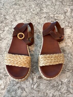 Mia Women’s Brown Leather & Natural Raffia Espadrille Sandals